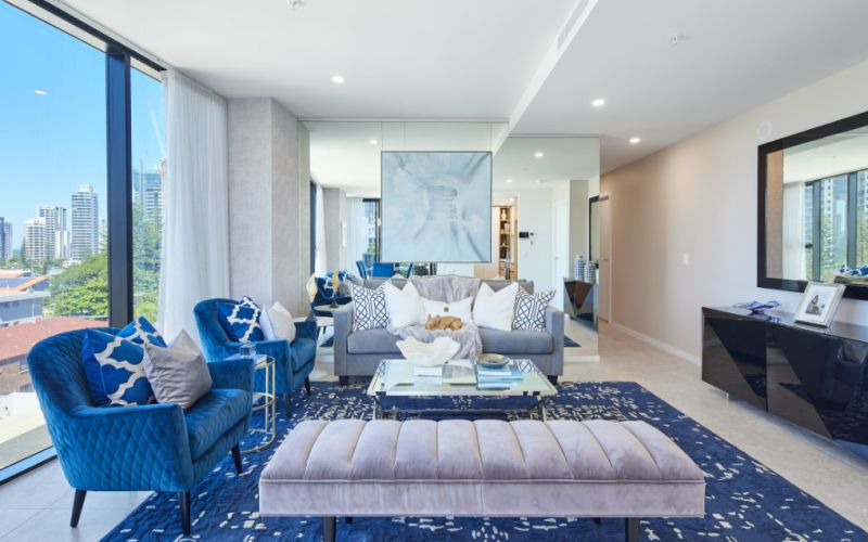 mavi modern oturma odası dekorasyon